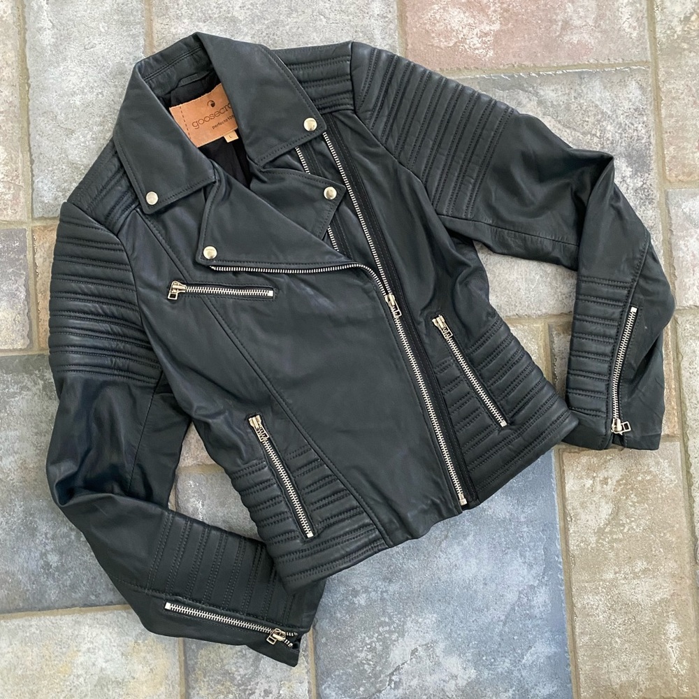 GOOSECRAFT Women’s Leather Biker Jacket | Perfecto 105 | Slate Blue | Large